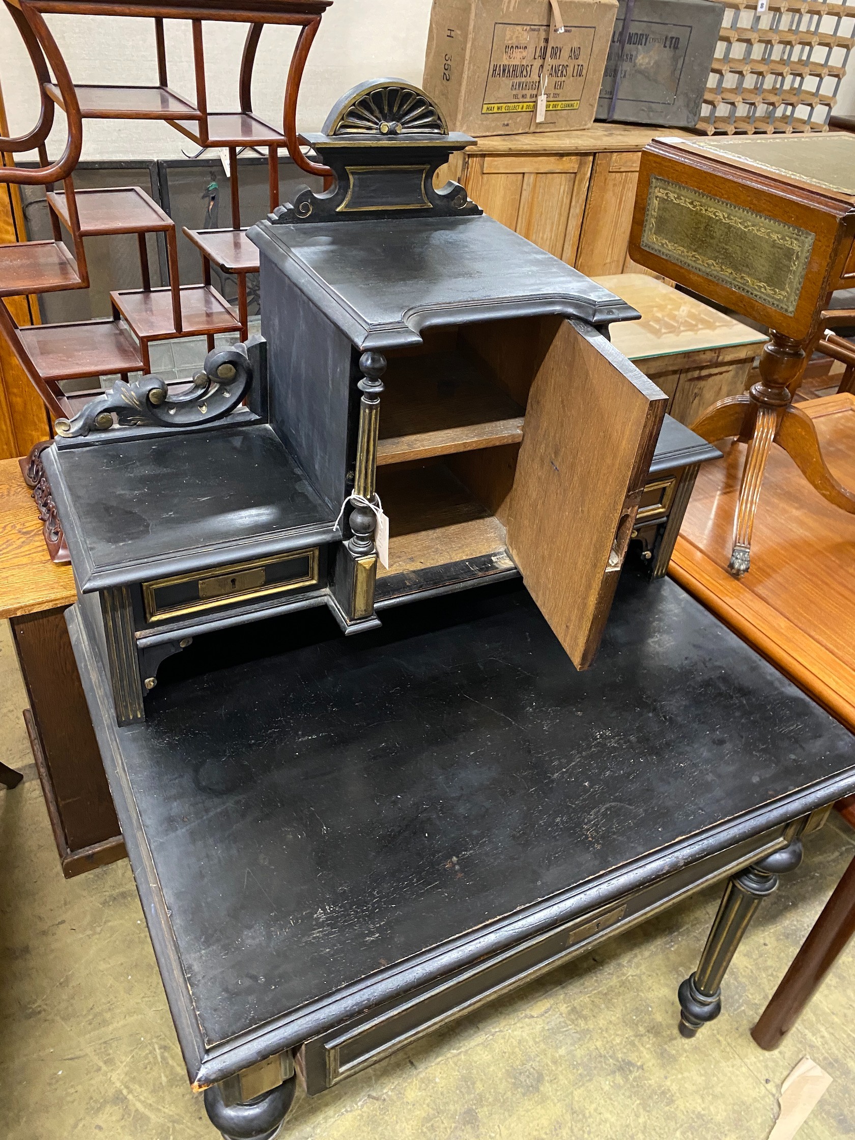 A late 19th century French gilt metal mounted ebonised desk, width 90cm, depth 70cm, height 142cm